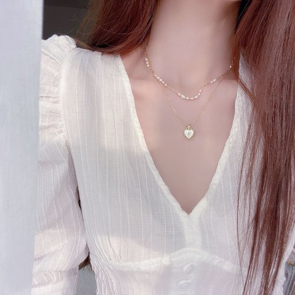 NEW 14K Gold Plated Pearl Heart Layered Necklace - Picture 3 of 7